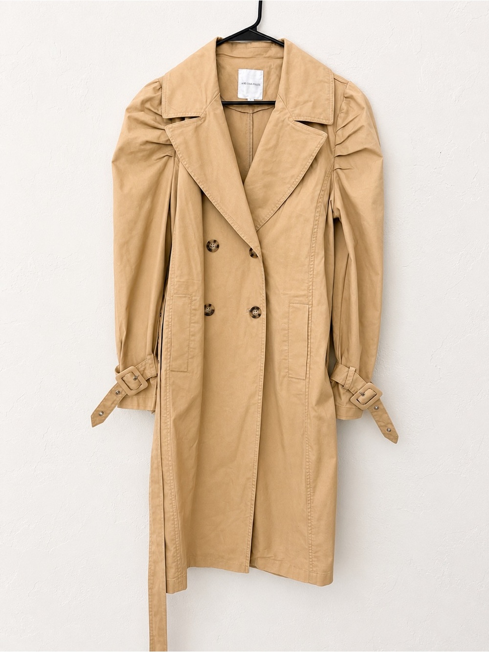 Avec Les Filles Tan Trench Coat Puff Sleeve Double-Breasted Belted Jacket. Large